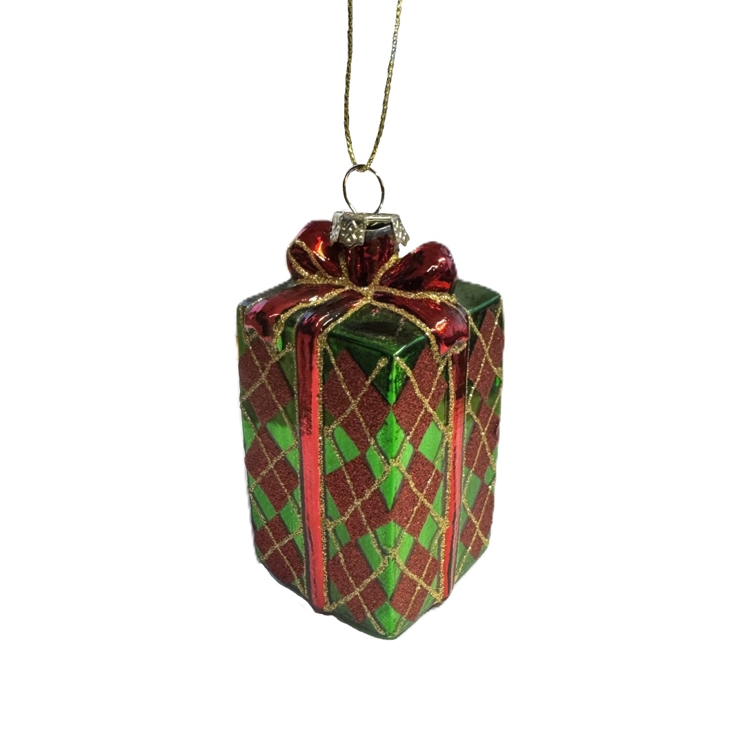 Deko-Anhänger "Geschenkbox" – Grün/Rot/Gold – Hochkant