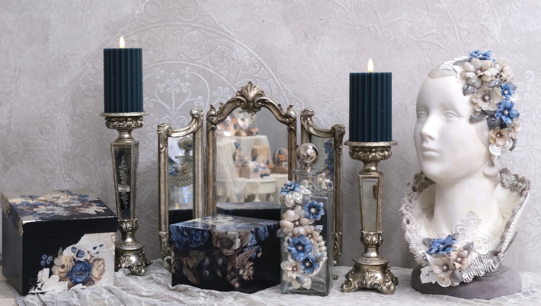 4 Bogen Folienblumen "Blau & Creme"