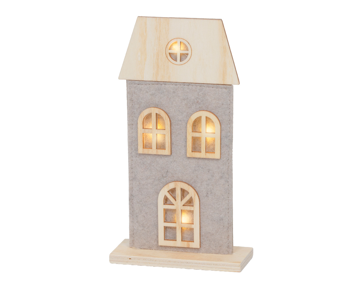 LED Dekohaus Grau aus Filz und Holz – 22 cm