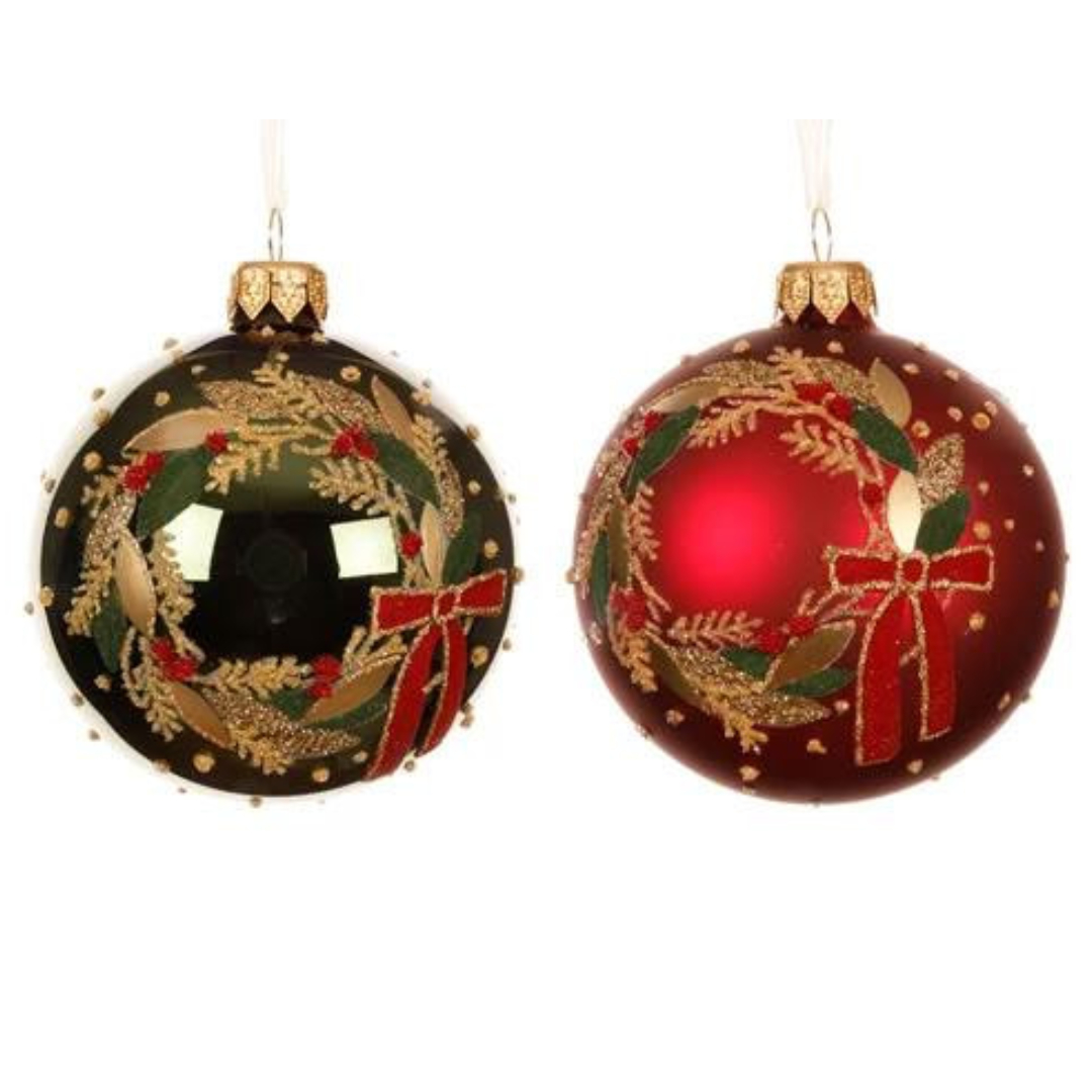 6er Set Handgemachte Weihnachtskugeln aus Glas Kranz - Rot & Grn K050938