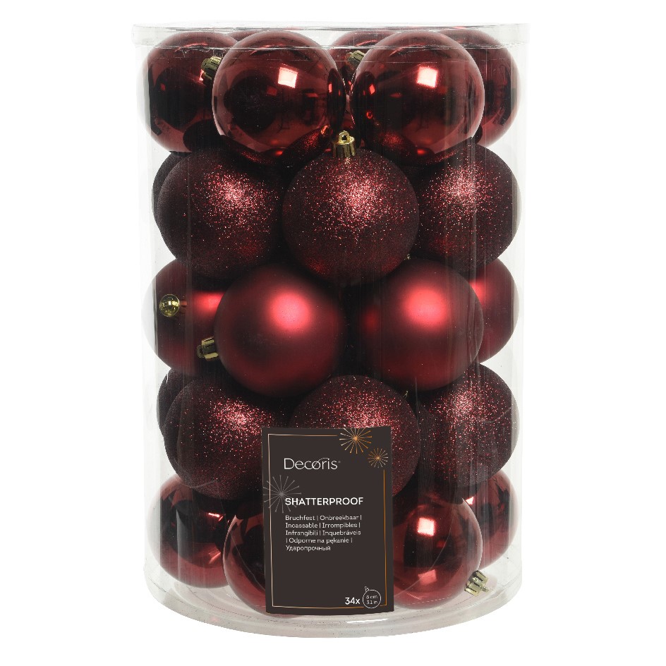 34er Set Bruchsichere Weihnachtskugeln 8cm - Rot K023307