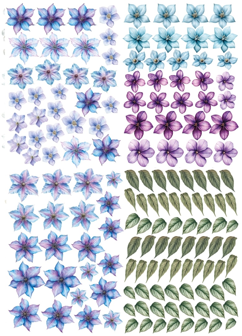 4 Bogen Folienblumen Lila mit Golddruck