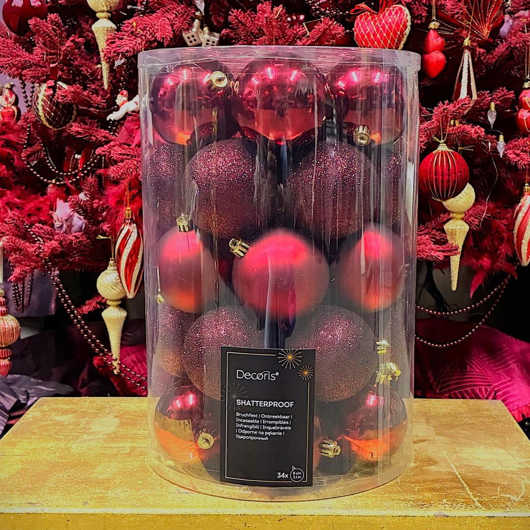 34er Set Bruchsichere Weihnachtskugeln 8cm - Rot K023307