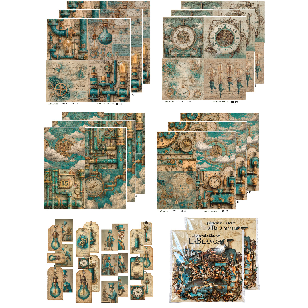 Papierset "Edison/Steampunk" - 12x Papiere, 12x Tags, 2x Gelaserte Elemente