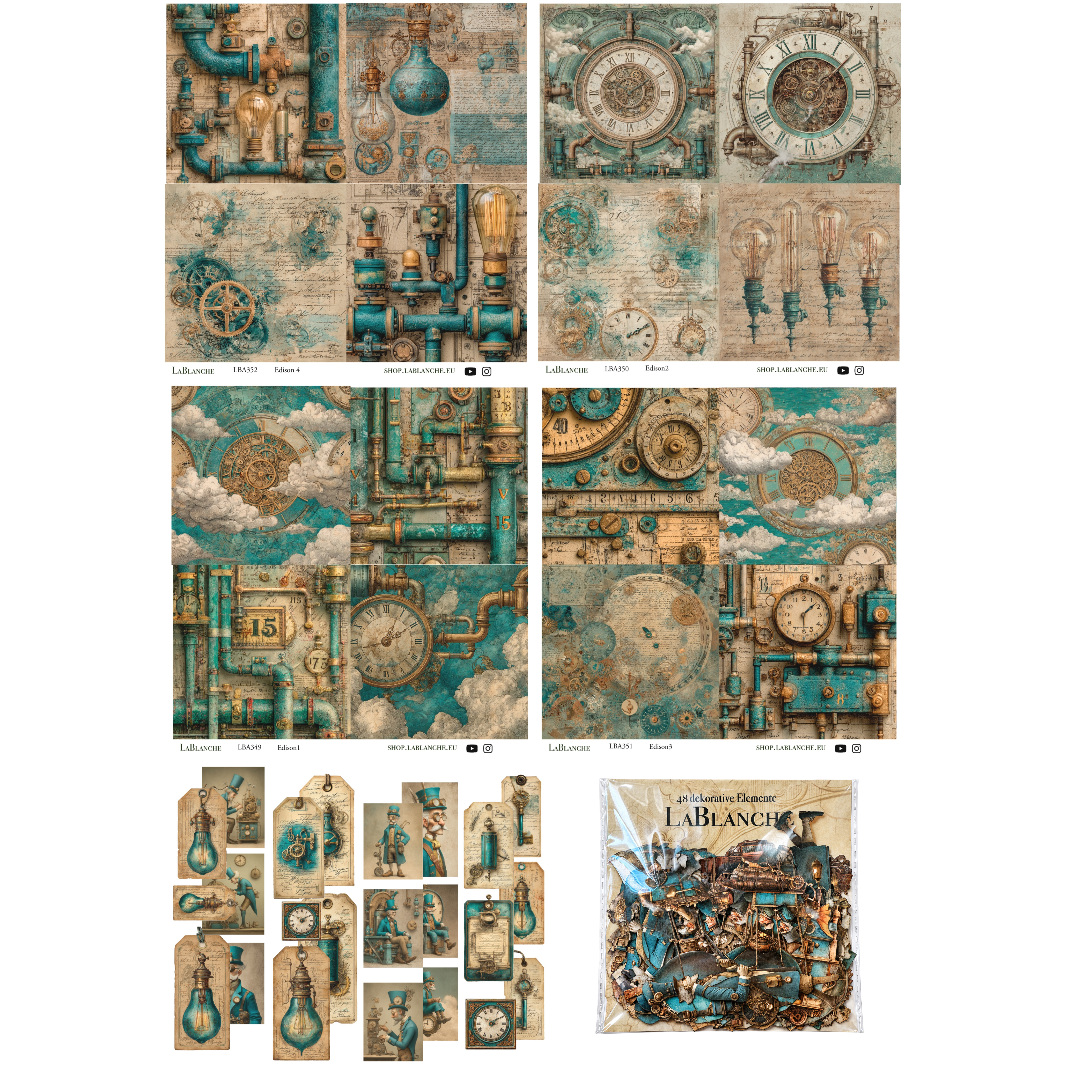 Kleines Papierset "Edison/Steampunk" - 4x Papiere, 4x Tags, 1x Gelaserte Elemente