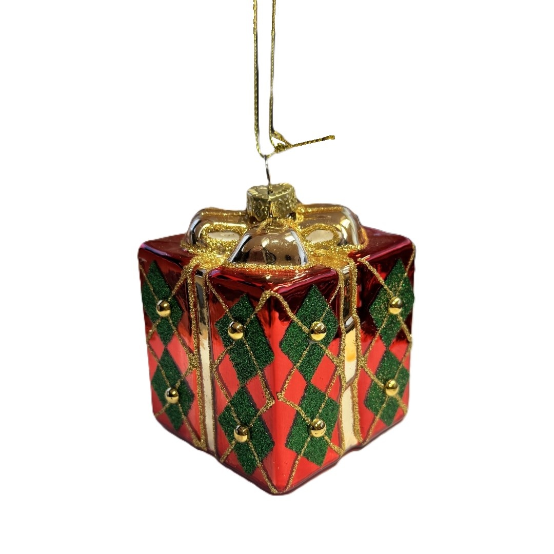 Deko-Anhänger "Geschenkbox" – Rot/Grün/Gold – Quadrat