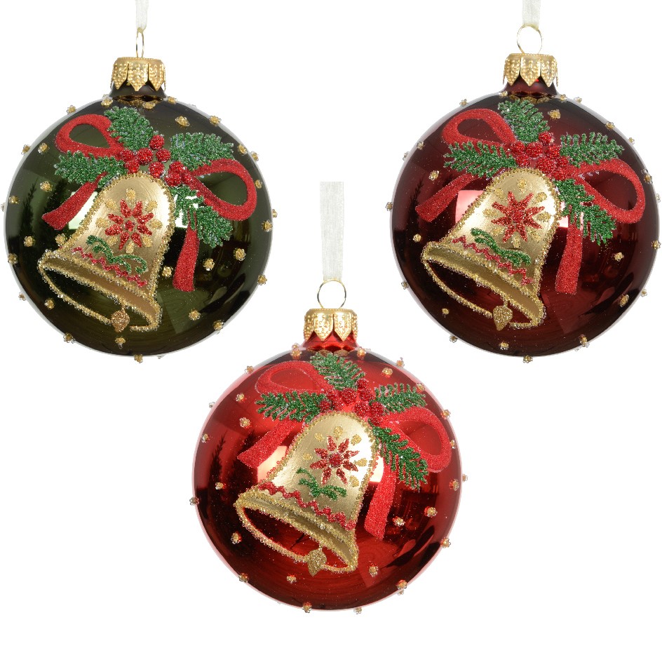 6er Set Handgemachte Weihnachtskugeln aus Glas mit Glocke - Brodeaux/Rot/Grn K050939