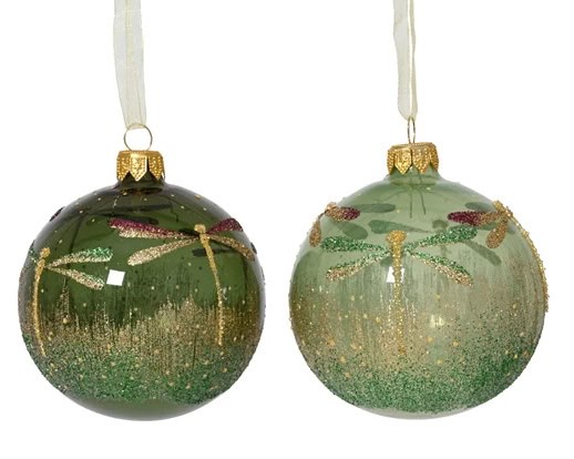 6 Handgemachte Weihnachtskugeln aus Glas - Grn mit Libellen K051081