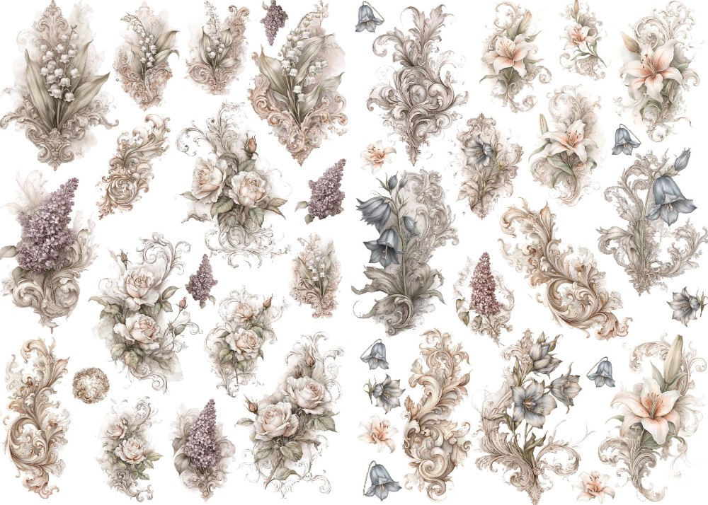 4 Bögen Transfermotivset "Vintage Flower"