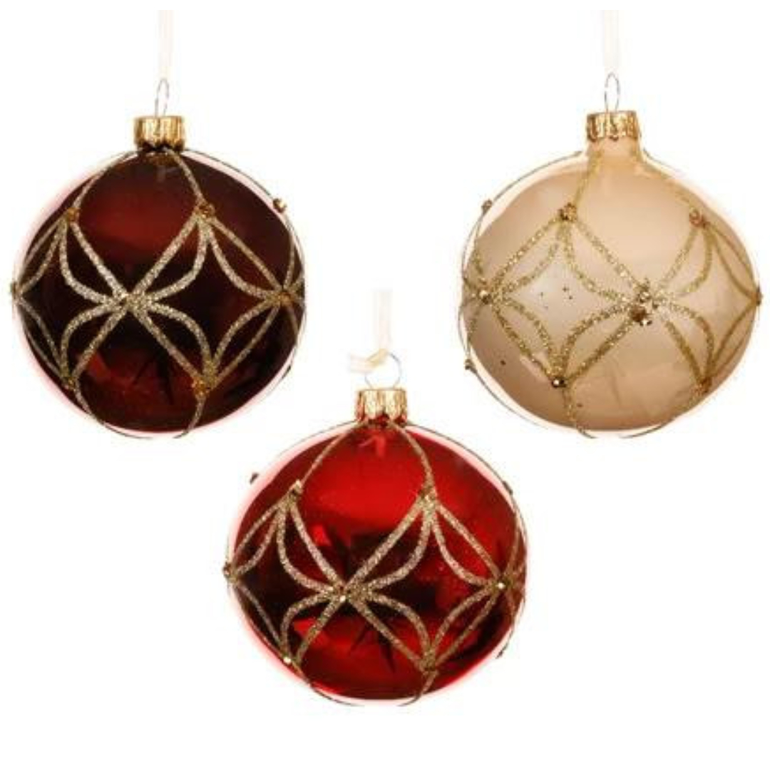 6 Handgemachte Weihnachtskugeln aus Glas - Rot/Weiá mit goldener Verzierung K081051